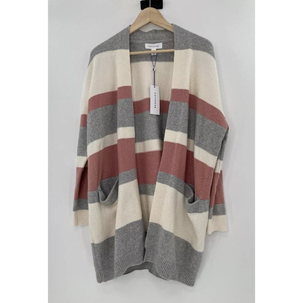 NWT Popsugar Striped  Cardigan Sweater Long Sleeve Open Front Pockets Sz L Boho‎